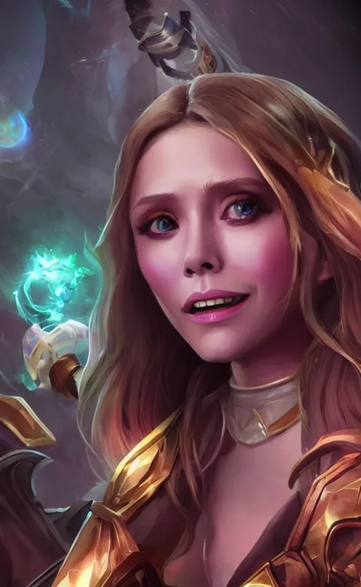 Image similar to Elizabeth Olsen as a character in the game League of Legends, with a background based on the game League of Legends, detailed face, old 3d graphics