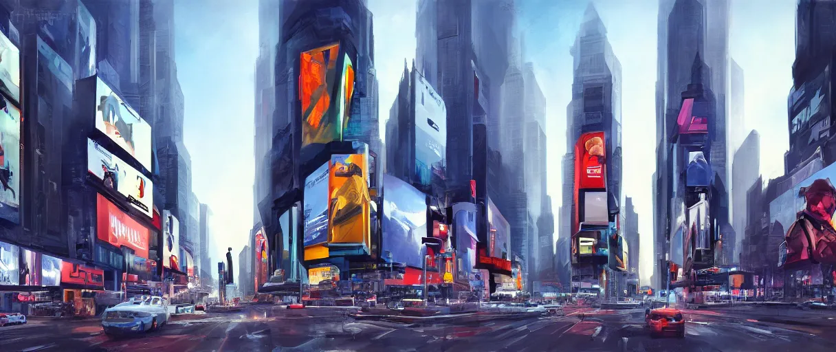 Image similar to huge modern downtown city, billboards, advertisements, Times Square, small buildings, dark, concept art, digital painting, style of Ralph Mcquarrie, warm lighting, futuristic, volumetric lighting, street view, daytime, godrays , high detail