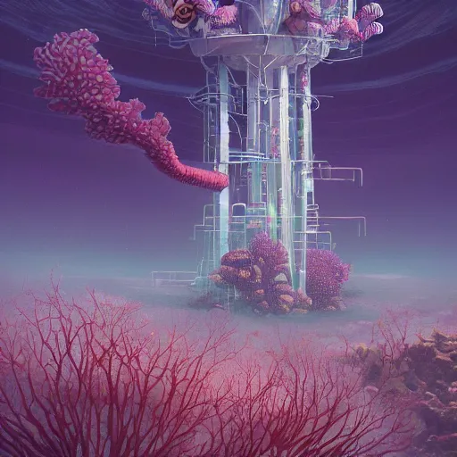 Image similar to beautiful painting of underwater corals as broadcast towers and flowers in white alien monuments in the style of Simon Stålenhag and H. R. Giger, detailed, trending on Artstation