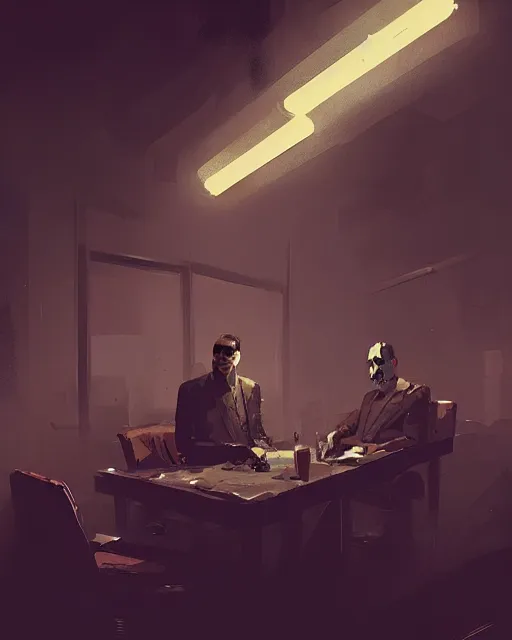 Prompt: mafia mob boss rugged portrait, smoke - filled room, dim cinematic lighting, ismail inceoglu, artstation, deviantart, dan mumford