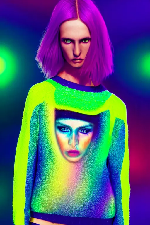 Image similar to stylish pullover for a rave bright colors, many details, photo for a magazine, photo for a store, fashion photography, Vogue, cinematic, hyper realism, high detail, 8k, very coherent symmetrical work, perfect face model, full length photo, Upper and lower body, white eyes, photographer style by Nik Night Erik Madigan Hec and Walter Chin and Camilla Akrans and Miles Aldridge