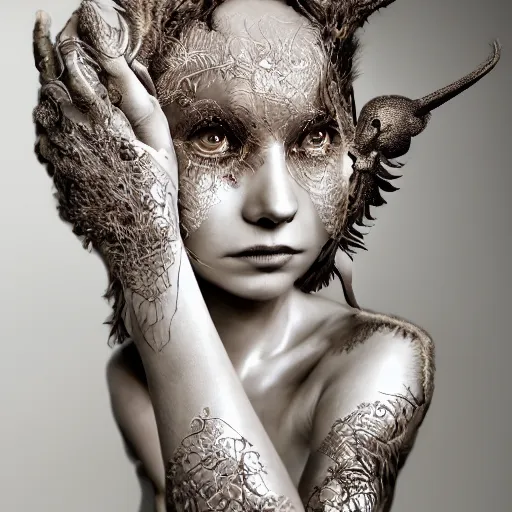 Image similar to hyper realistic photography of elon misk, plated arm, intimate, chest, holding close, ribbons, in the style of beth cavener, jinz kagetsu,, and wlop, highly detailed, intricate filigree, symmetry, masterpiece, award winning, sharp focus, concept art, highkey lighting, ambient lighting, octane render, 8 k, artstation