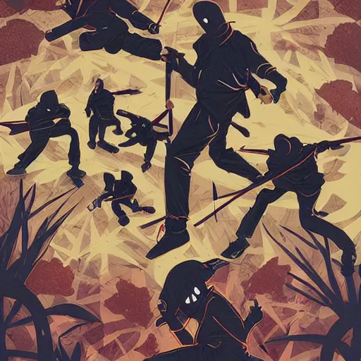 Image similar to Ninjas fighting, Hip Hop, Dark, Intense, Dramatic, Highly Detailed by Sachin Teng