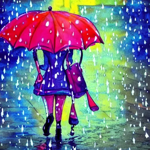 Image similar to rain, pattern, cute anime, vivid colors, watercolors, umbrella, girl