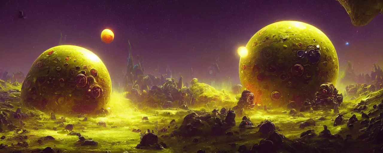 Image similar to ” outer planet with strange and mysterious eggs and larvae, [ art by paul lehr, cinematic, detailed, epic, widescreen, opening, establishing, mattepainting, photorealistic, realistic textures, octane render ] ”