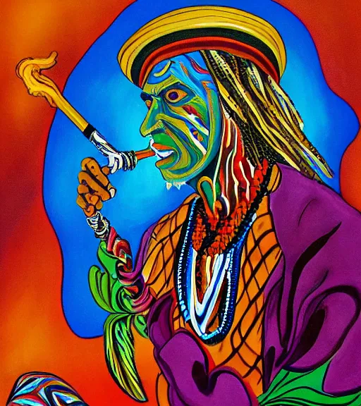 Image similar to Painting in a style of Alex Grey of a shaman dressed in a colorful traditional clothes. He is smoking a pipe