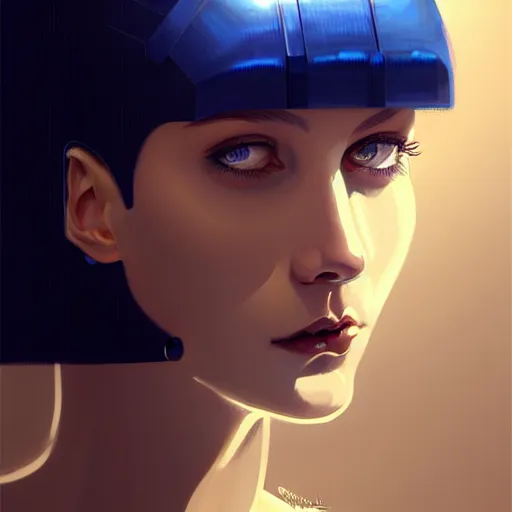 Image similar to woman with dark bobcut haircut with friendly blue eyes and slim features looking askance, cyberpunk bionics, retro - futurist style, intricate, elegant gleaming jewelry, angelic halo, highly detailed, digital painting, artstation, concept art, smooth, sharp focus, illustration, art by wlop, mars ravelo and greg rutkowski