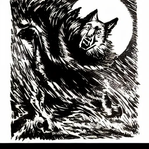 Prompt: wolf running under the full moon by fritz eichenberg by ralph steadman