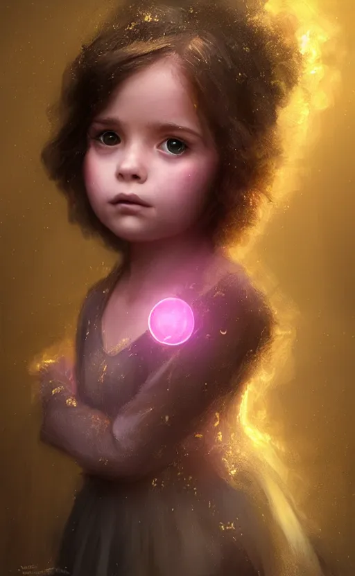 Image similar to soot covered little girl, sharp focus, intricate, elegant, digital painting, artstation, matte, highly detailed, concept art, illustration, volumetric lighting, gold and blue and pink color scheme, bokeh light, art by greg olsen and liz lemon swindle