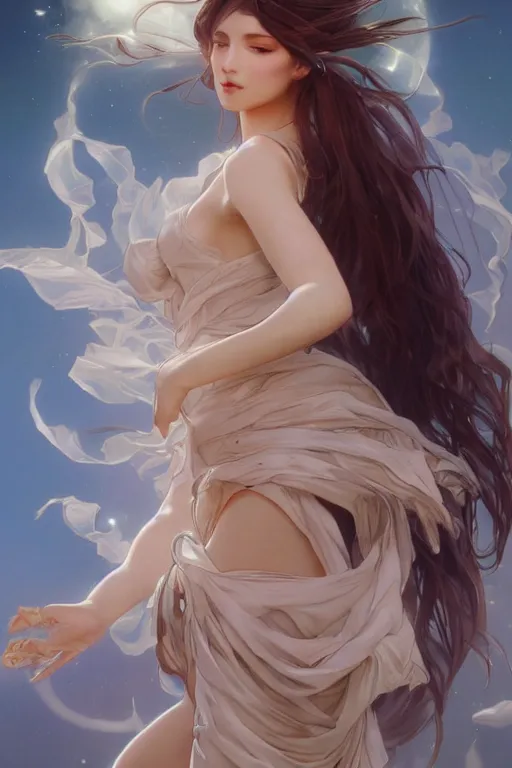 Image similar to full body windy hair zero gravity seductive meditation goddess in the style of artgerm, wlop, greg rutkowski, alphonse mucha and ayami kojima, realistic details, volumetric lighting, very very very very beautiful symmetrical face, trending on artstation, artstationhd, artstationhq, unreal engine, 4 k, 8 k
