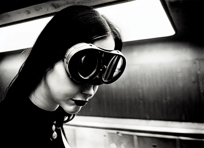 Image similar to close - up portrait of a young woman wearing a choker and welding goggles, in a subway, richard avedon, tri - x pan