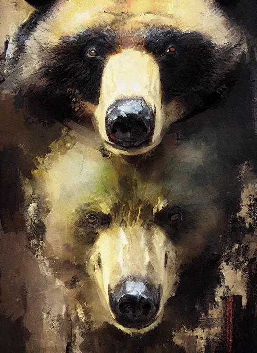 Prompt: portrait painting of anthropomorphic black bear in traditional japanese clothes by jeremy mann, only one head single portrait