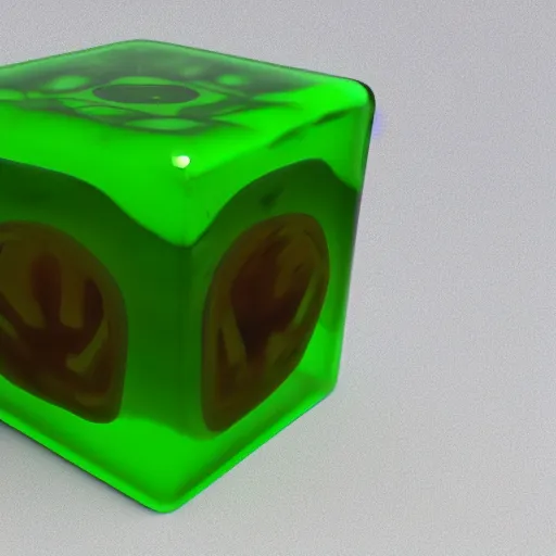 Prompt: a gelatinous cube from dnd, translucent green slime cube, 3d render, unreal engine, volumetric lighting, artstation