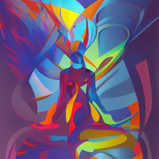 Image similar to a painting in the style of stanton macdonald - wright and in the style of stephen hickman.