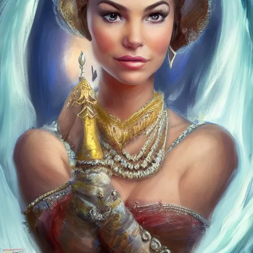 Image similar to a portrait of a woman who looks like a mix between sofia vergara and victoria justice as an arabian princess in a disney movie, crown!! oil painting, pale colors, high detail, 8 k, wide angle, trending on artstation,