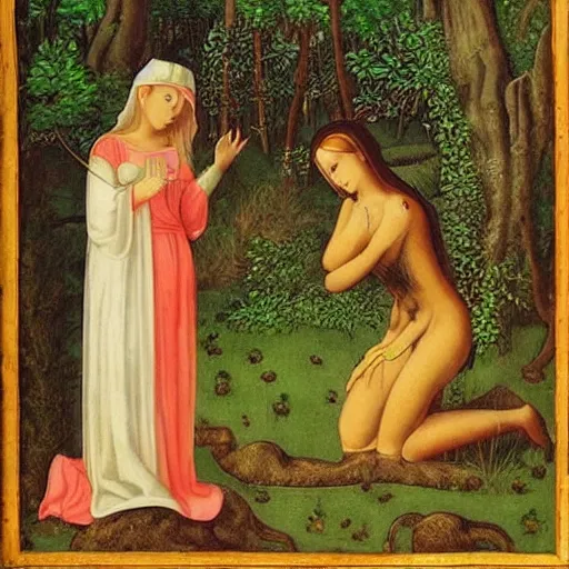 Prompt: “ sensual medieval nurse treating young goddess in a magical forest, artwork, fantasy ”