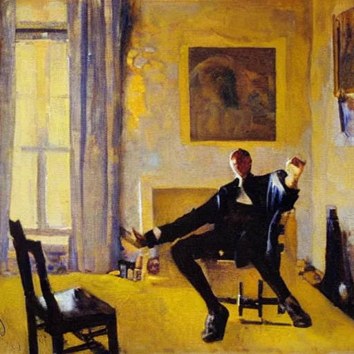 Image similar to man in yellow room, black suit, dean cornwell style