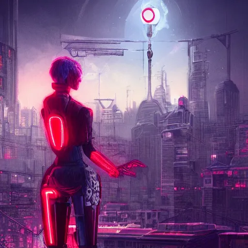 Prompt: character with short white hair, robotic arm, city in background, neonpunk, dystopian, scifi, intricate, detailed red lighting, concept art, trending on artstation