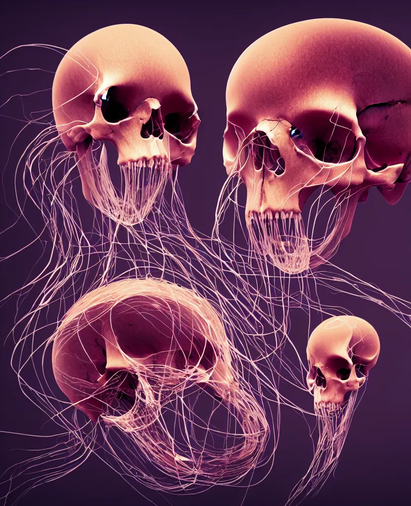 Image similar to composition of human skulls, animals skulls, bones, rib-cage. jellyfish phoenix head, nautilus, orchid, skull, betta fish, bioluminiscent creatures, intricate artwork by Tooth Wu and wlop and beeple. octane render, trending on artstation, greg rutkowski very coherent symmetrical artwork. cinematic, hyper realism, high detail, octane render, 8k