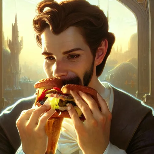 Prompt: portrait of pinocchio eating giant hamburgers, ethereal, handsome, d & d, fantasy, intricate, elegant, highly detailed, digital painting, artstation, concept art, matte, sharp focus, illustration, art by artgerm and greg rutkowski and alphonse mucha