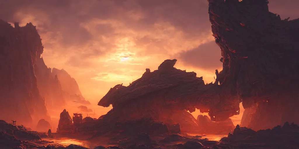 Image similar to futuristic steampunk giant starship, surrounded by eroded rocks, by Andreas Rocha, stunning volumetric lighting, sundown, trending on Artstation, 8k, photorealistic, hyper detailed, unreal engine 5, cinematic, epic lighting, cryengine, octane render, cyberpunk, red and orange glow