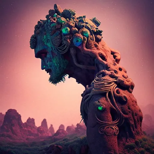 Image similar to ancient giant dead god being made of opal in desolate and lush landscape, moody, :: by Jeff Koons, Dan McPharlin Daniel Merrian :: ornate, dynamic, particulate, rich colors, intricate, elegant, highly detailed, centered, artstation, smooth, sharp focus, octane render, 3d