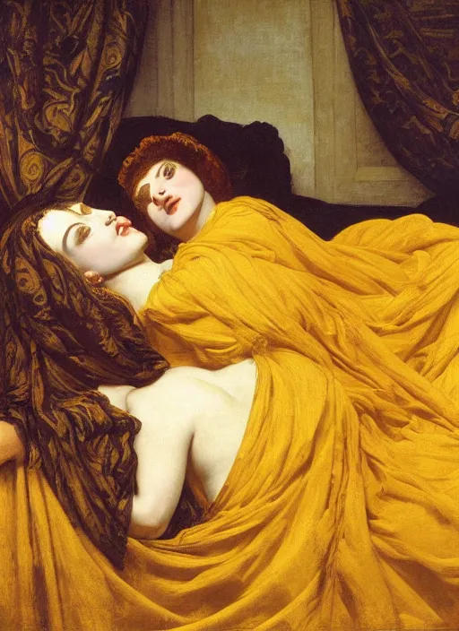 Image similar to masterpiece hybrid portrait of hybrid of sarah siddons and lisa minelli, reclining on bed, flowing cloth floating in the wind, wearing yellow ochre ornate medieval dress, vertical, foreshortening, colour photography by frederic leighton, william morris, 8 k