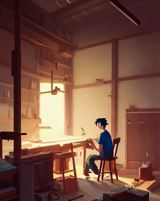 Image similar to woodworker building a new chair at his shop, detailed, cory loftis, james gilleard, atey ghailan, makoto shinkai, goro fujita, studio ghibli, rim light, exquisite lighting, clear focus, very coherent, plain background, soft painting