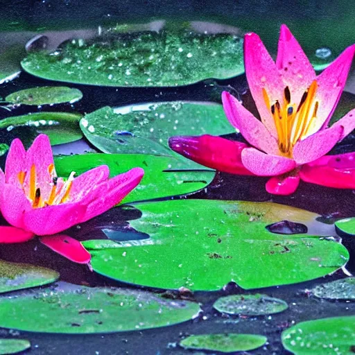 Prompt: Frogs playing banjo in the rain under a lily pad