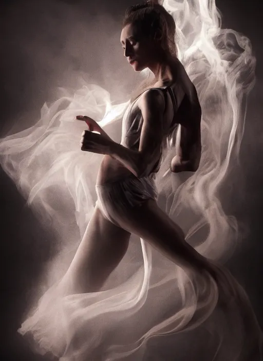 Image similar to a photorealistic dramatic hyperrealistic render photography of a glamorous beautiful female dancer by ken brower and deborah ory of nyc dance project, lois greenfield, lord of the rings, neon, flowing cloth and smoke, beautiful dynamic dramatic dark moody lighting, beautiful intricate face, volumetric, shadows, artgerm, alphonse mucha, cinematic atmosphere, octane render, 8 k