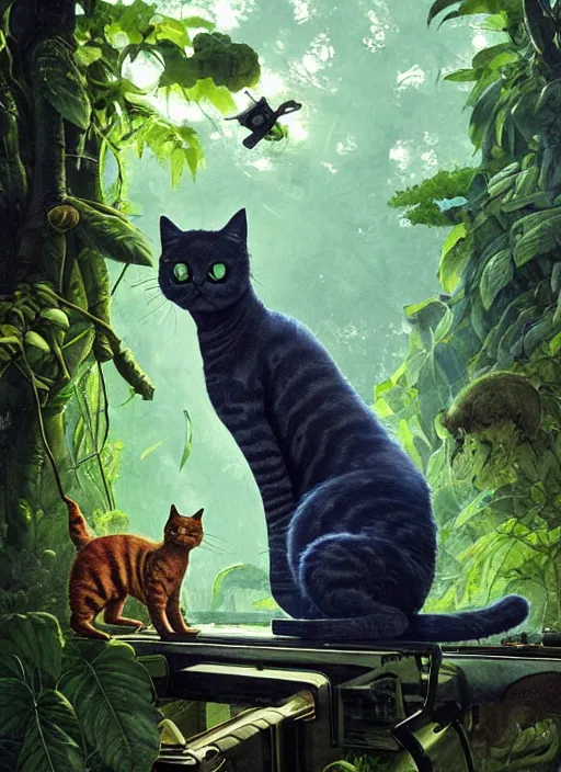 Image similar to a hyper realistic ink cat alien technology and sunbeams blue sky, lush forest foliage painting by chiara bautista and norman rockwell and greg rutkowski weta studio, and lucasfilm