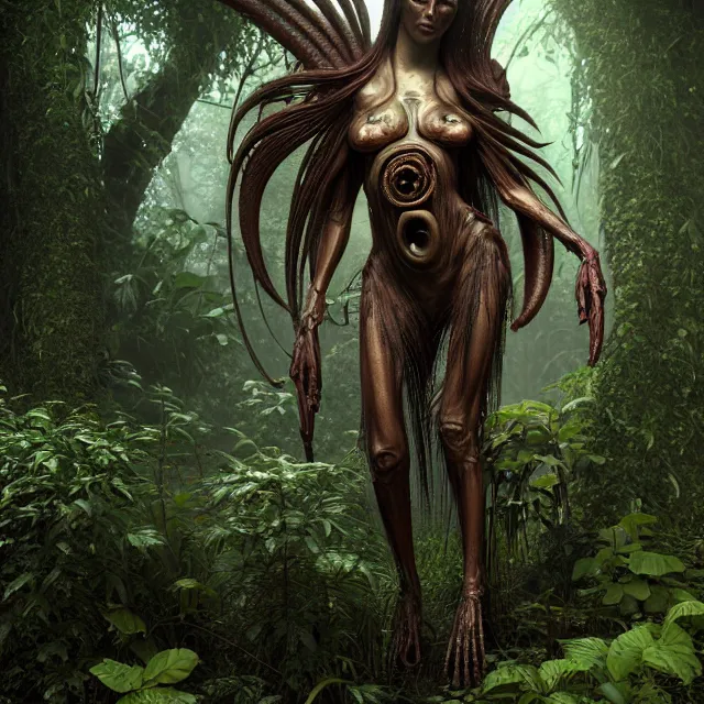 Prompt: a beautiful portrait of baphomet, 8 k, zbrush, octane, 8 k, incredibly detailed, androgynous, hr giger, peter gric, pablo amaringo, alphonse mucha, cybernetic organism, nvidia, unreal engine, overgrown jungle ruins