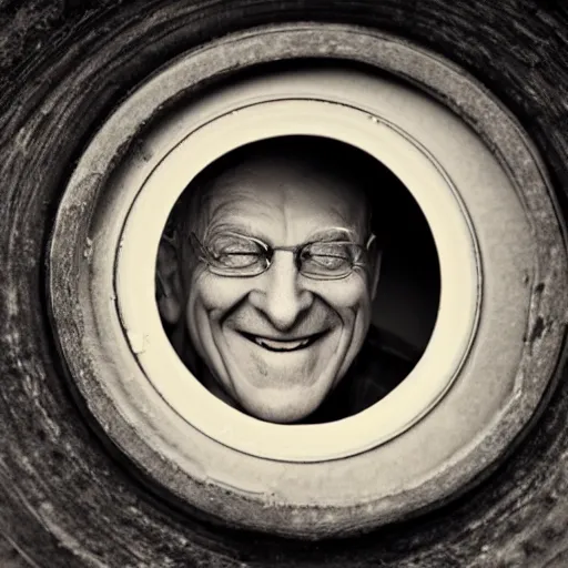 Prompt: a smiling old man seen through a peephole