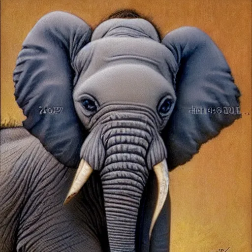 Prompt: cute little baby elephant portrait by Norman Rockwell with long fur, looking at the camera, ultra realistic picture, looking at the camera, highly detailed, 8k, masterpiece, trending on cgsociety