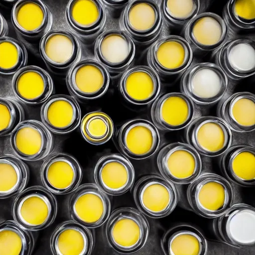 Image similar to realistic photograh 1 0 0 0 0's of yellow colored lip balm tubes in scattered in giant piles, high detail, shaded, backlit, glossy, ultrawide angle