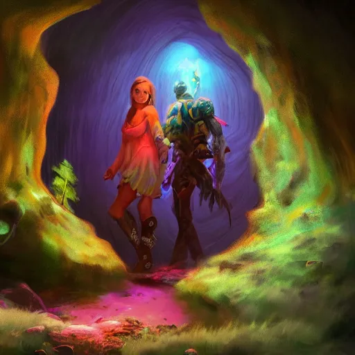 Prompt: man lost in dark cave talking to beautiful magical woman, vibrant color scheme, intricately detailed, in the style of realism, cinematic, artstation,