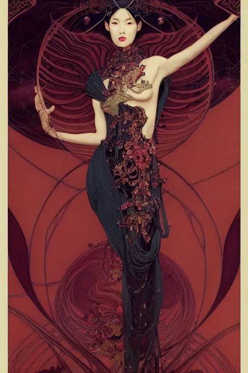 Prompt: full length portrait of a beautiful mysterious chinese fairy, no hands, by eve ventrue, michael carson, andreas rochas, john watkiss, casey weldon, artgerm. art nouveau. tarot card by mucha. gloomhaven. swirly intricate linework background. gaudy colors, sharp edges. octane render