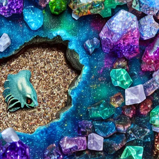 Image similar to photorealistic dinosaur skeleton inside a geode of colored crystals