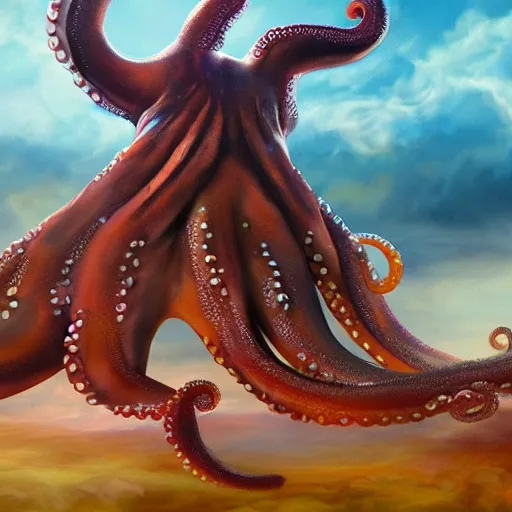 Prompt: octopus cooking soup among clouds fantasy illustration, trending on artstation, deviantart, very realistic, 4k