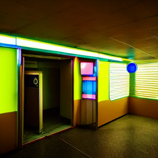 Image similar to noisy color photograph of inside a retrofuturist empty convenience store, dark pit, minimalist, cinematic, soft vintage glow, lens flare