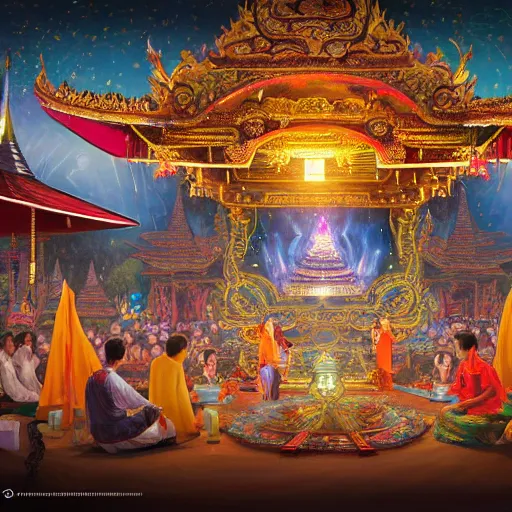 Image similar to beautiful painting of an arcane solar drone ceremony in a balinese mechanical palace in the style of Prateep Kochabua, Leonora Karrington, Welder Wings, Hervé Scott Flament, high-quality digital art, detailed, trending on Artstation