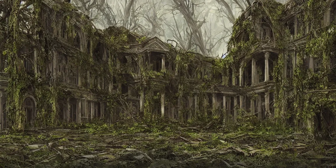 Prompt: An overgrown, swampy Washington D.C.. Buildings covered in vines, gigantic trees from the ground. Crumbled ruins of governmental buildings in a post-apocalyptic world. Life after People. Trending on Artstation, deviantart, worth1000. By Greg Rutkowski. National Geographic and iNaturalist HD photographs