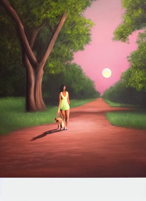 Image similar to young beautiful brown woman walking with her dog in a park in Merida Mexico at night with a full moon, illustration, photoreal, fantasy, trending. masterpiece work of art . oil on canvas. Digitally painted. Realistic. 3D. 8k. UHD.