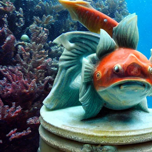 Image similar to marble statue of magikarp at the bottom of the ocean