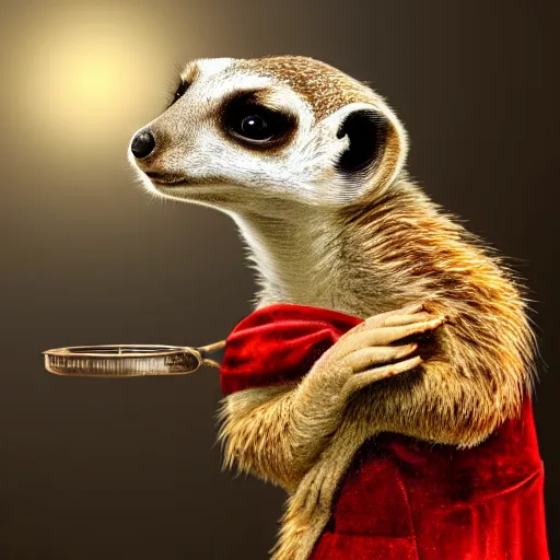 Image similar to Portrait of a meerkat in a red velvet suit with a tobacco pipe and monocle, elegant, fantasy, 8k, artstation, very high detail, photorealistic, sharp focus, illustration, concept art, volumetric lighting