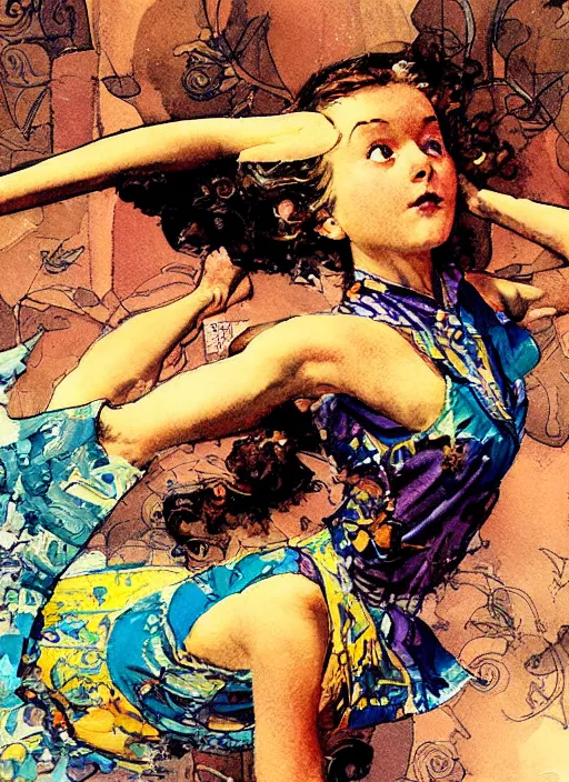 Image similar to an art nouveau copic maker close up illustration of girl doing yoga at high speed by norman rockwell and john berkey