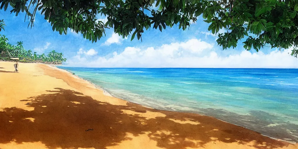 Image similar to sri lankan beach, drawn by hayao miyazaki