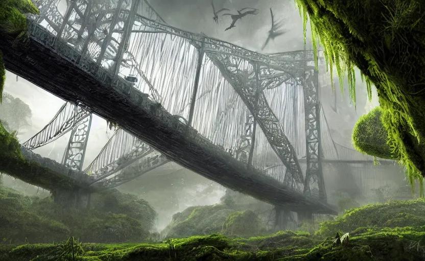 Prompt: an epic landscape view of vines and moss growing on the manhattan bridge, moss, jungle, with pterosaurs flying, close - up, low angle, wide angle, atmospheric, volumetric lighting, cinematic, very realistic, sharp, highly detailed digital art, painted by tyler edlin