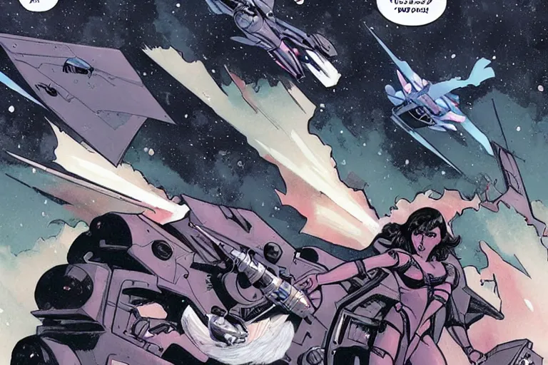 Image similar to A daemonette attacking a space fighter. Beautiful comic art.