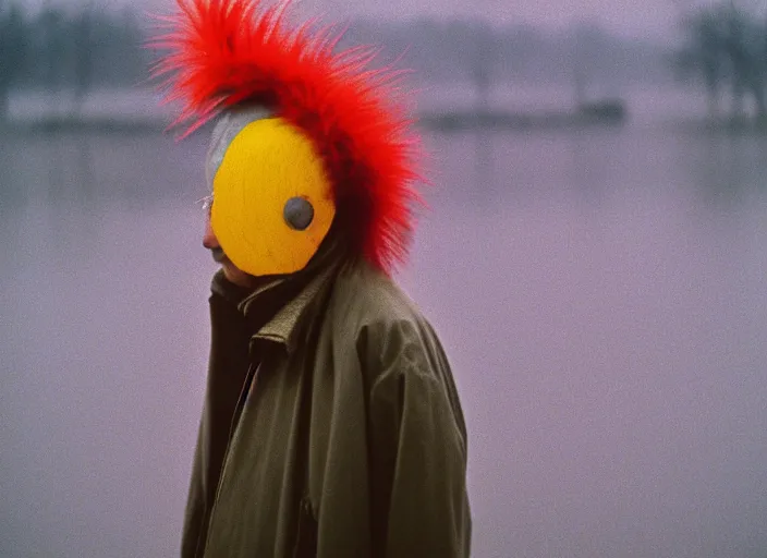 Prompt: 1 9 9 0 a documentary photo portrait of a ordinary person wearing white feather coat, heads of wooden of bird face, grey skies rain, dusk, neutral color neo - fauvism, movie still, 8 k, fauvism, cinestill, bokeh, gelios lens, grain kodak